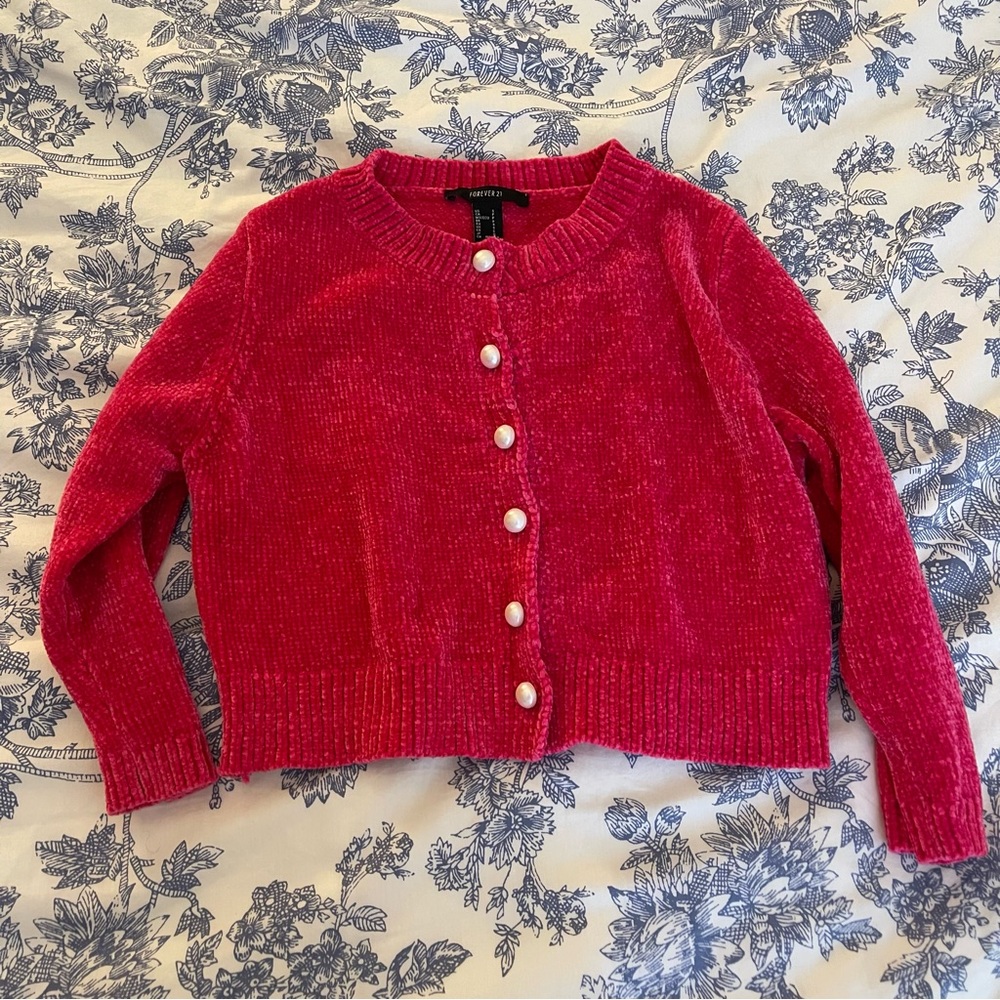 Forever 21 Hot Pink Chenille Cardigan with Pearls
